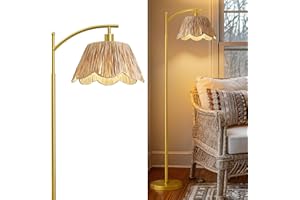 Oneach Arc Floor Lamp for Living Room,Rattan Boho Floor Lamp with Hand-Woven Shade, Foot Switch,Gold Metal Base & Pole,Farmhouse Standing Lamp for Bedroom Corner,Reading