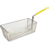 Winco 17" x 8 1/4" Yellow Reinforced mesh Fry Basket with Handle | Heavy-duty basket, Front or support hook, For deep-frying, lifting and draining fries, seafood and appetizers