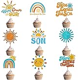 60PCS Here Comes the Son Cupcake Toppers Here Comes the Son Baby Shower Decorations for Sun Theme Baby Shower Birthday Wedding Party Decorations