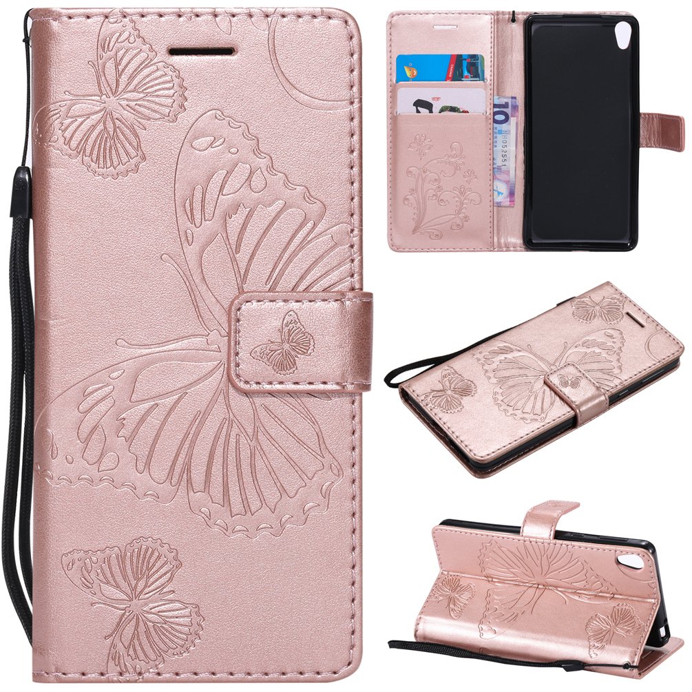 LingDan Protective Cover for Sony Xperia E5 F3311 (5.5 Inch) PU Leather Flip Case Embossing Butterfly Pattern with Built Stand Magnetic Closure Card Slot Wallet Phone Shell, Rose gold