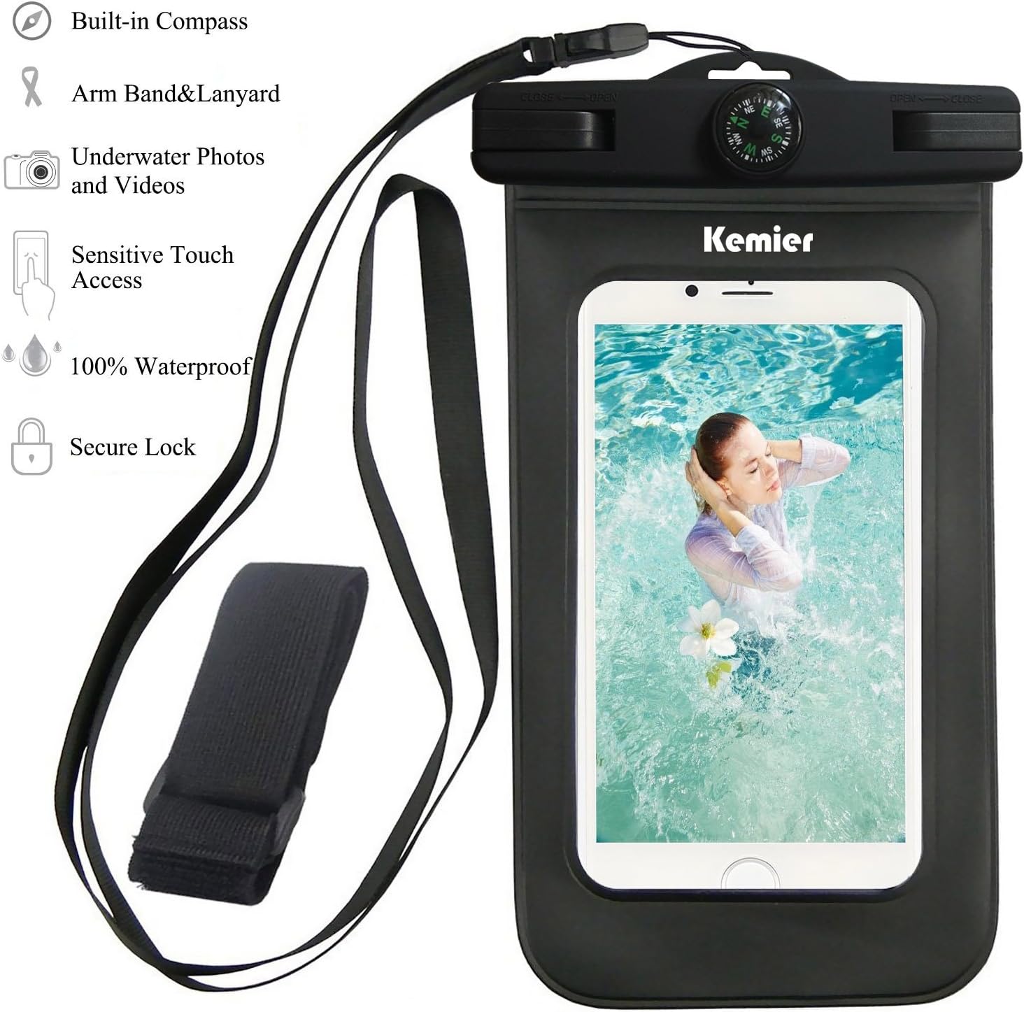 Kemier Waterproof Case,Free Armband+Compass+Lanyard, Fit for Boating/Kayaking/Rafting/Swimming,IPX8,Cell Phone Dry Bag Pouch for iPhone 7,6,Samsung LG Sony Nokia Motorola 8 inch Diagonal
