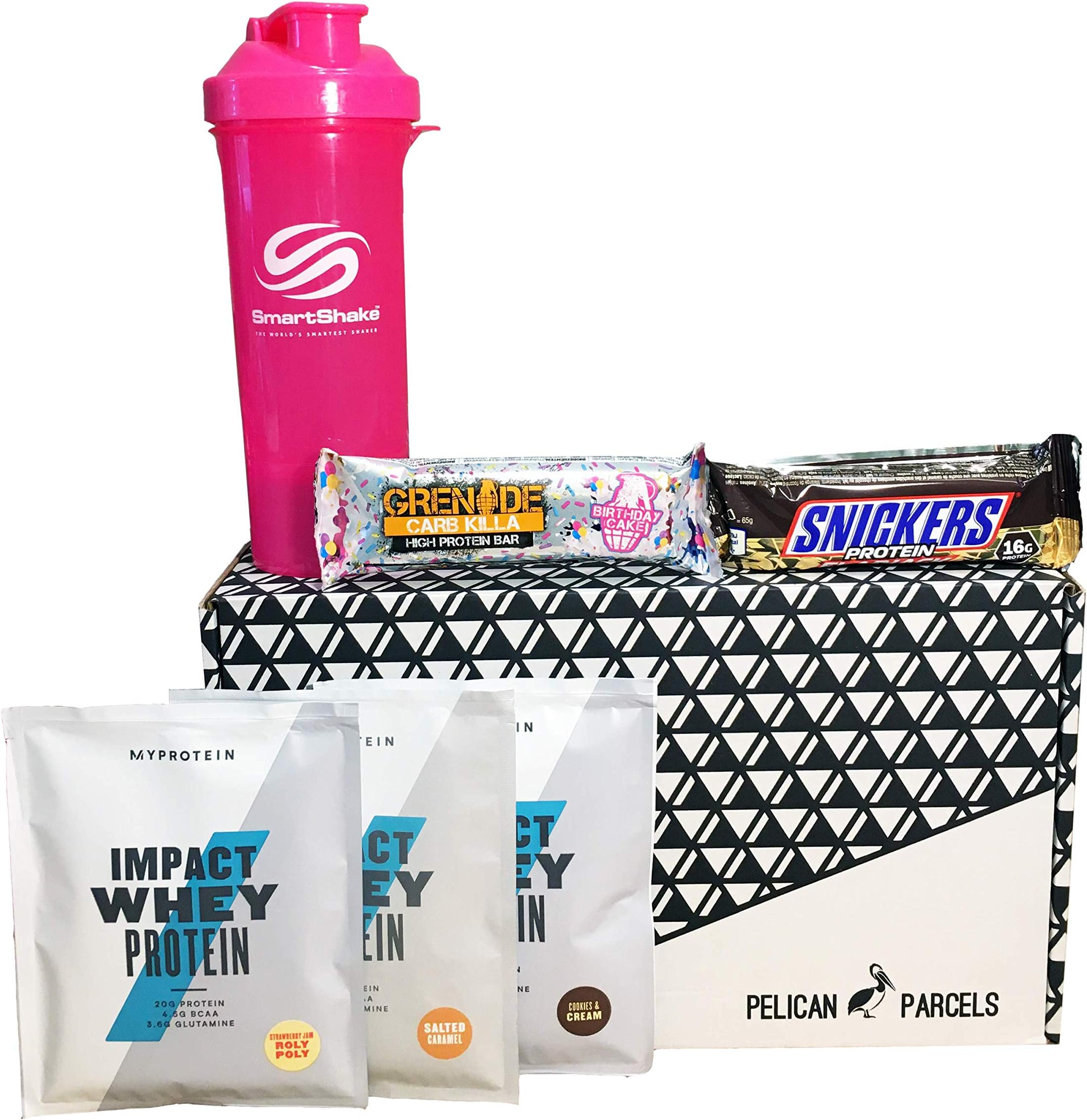 Protein Fitness Gift Box - Smart Shake Shaker, My Protein Whey, CNP Pro Flapjack, Nutramino Protein Bar - Hamper Exclusive to Pelican Parcels