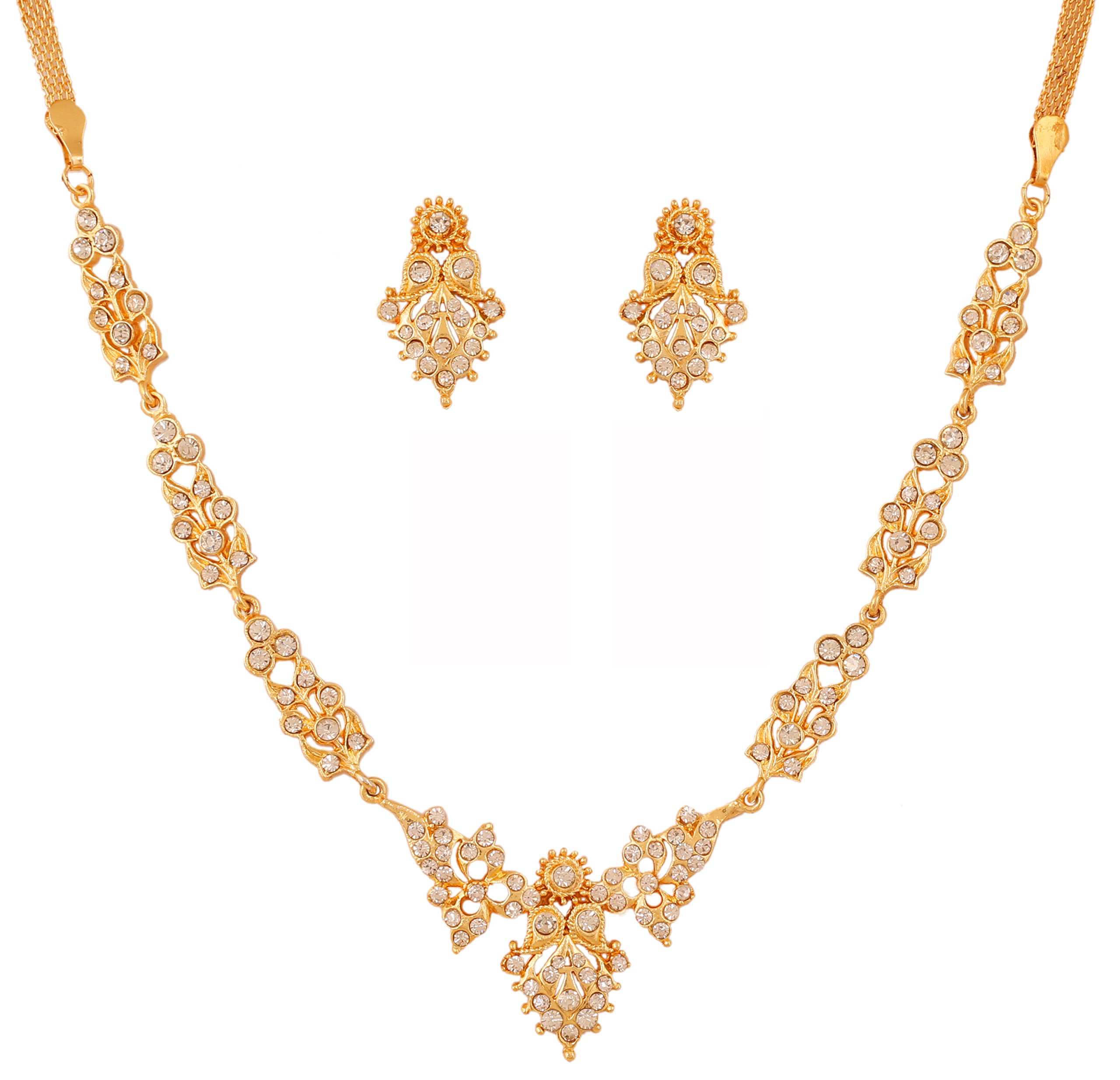 Touchstone Bollywood Sober & Stylish White Rhinestones Necklace Set For Women in Gold tone.