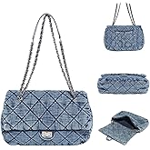 Quilted Denim Tote Bag for Women, Large Capacity Vintage College Style Shoulder Bag Denim Purse, Chain Crossbody Bag
