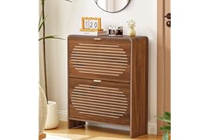 RUSTYER Narrow Shoe Storage Cabinet for Entryway with 2 Flip Drawers, Freestanding Wood Shoe Cabinet with Arched Stripe Panel, Curved Edge Shoe Organizer Closed Shoe Rack for Hallway, Foyer (Walnut)