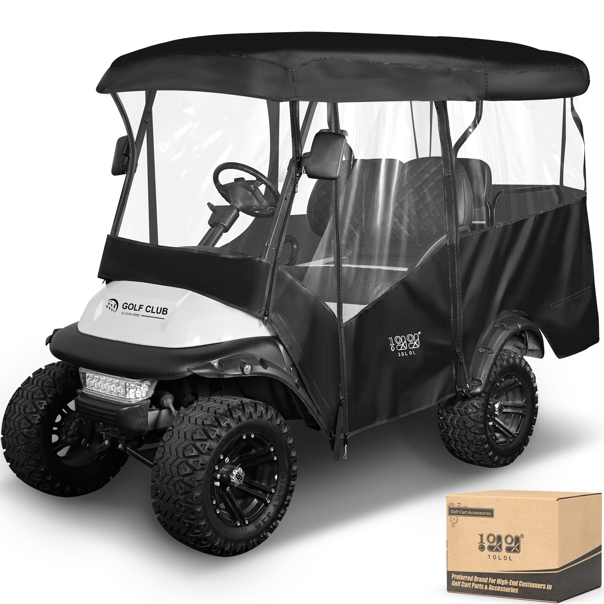 Photo 1 of 10L0L Universal Golf Cart Enclosure 86.6in 4 Passenger Fit for Yamaha Club Car EZGO TXT RXV, Waterproof Windproof Snowproof Portable Transparent 4 Sided Driving Cover (Black)