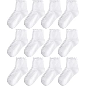DOKKOME 12 Pairs Girls White Ruffle Socks Kids School Uniform Dress Cotton Crew Ankle Socks Size 2-12 Years