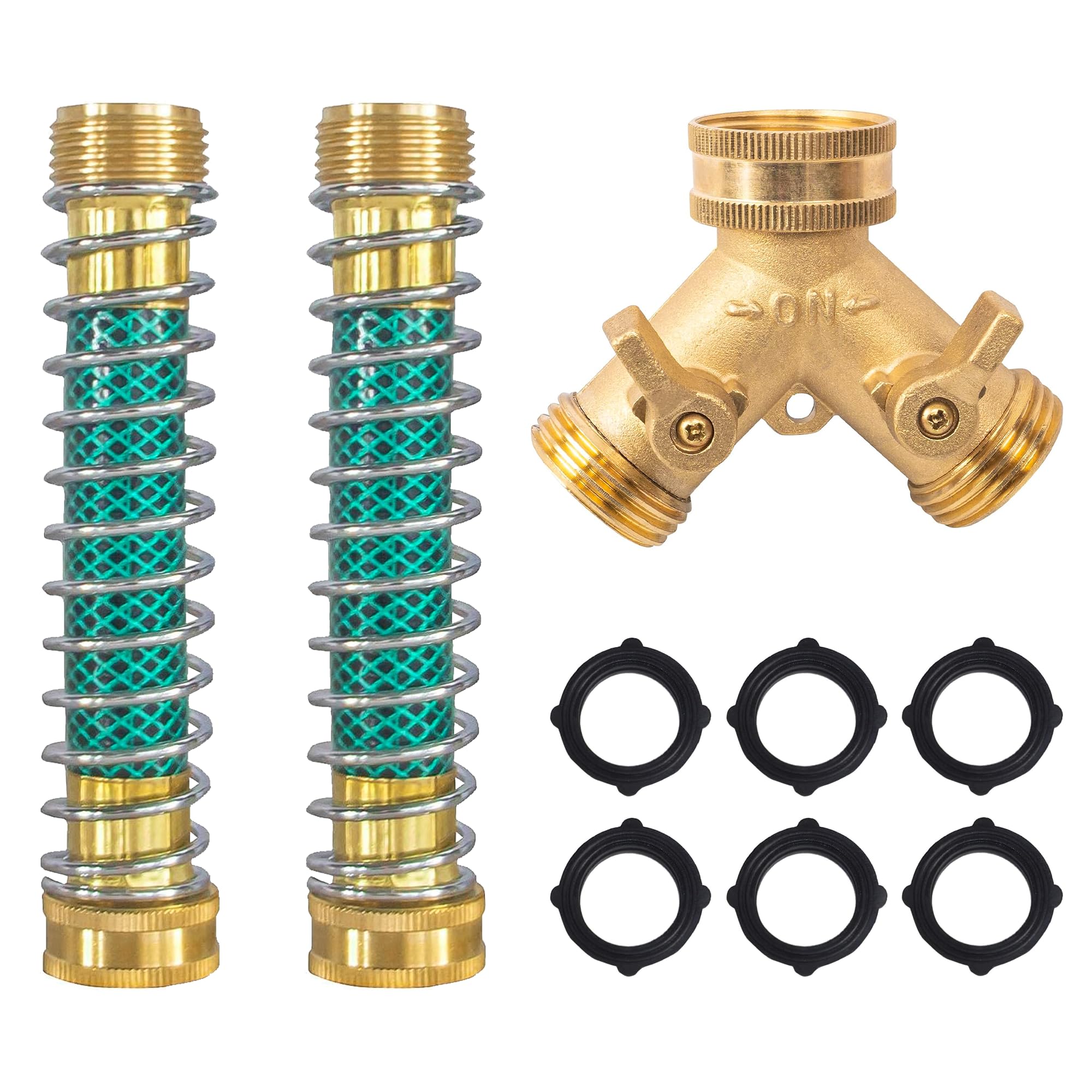 Photo 1 of Hourleey 2 Way Hose Splitter, 3/4" Brass Hose Y Splitter with 2 PCS Garden Hose Extension Hose Coiled Spring Protectors and 6 Rubber Washers