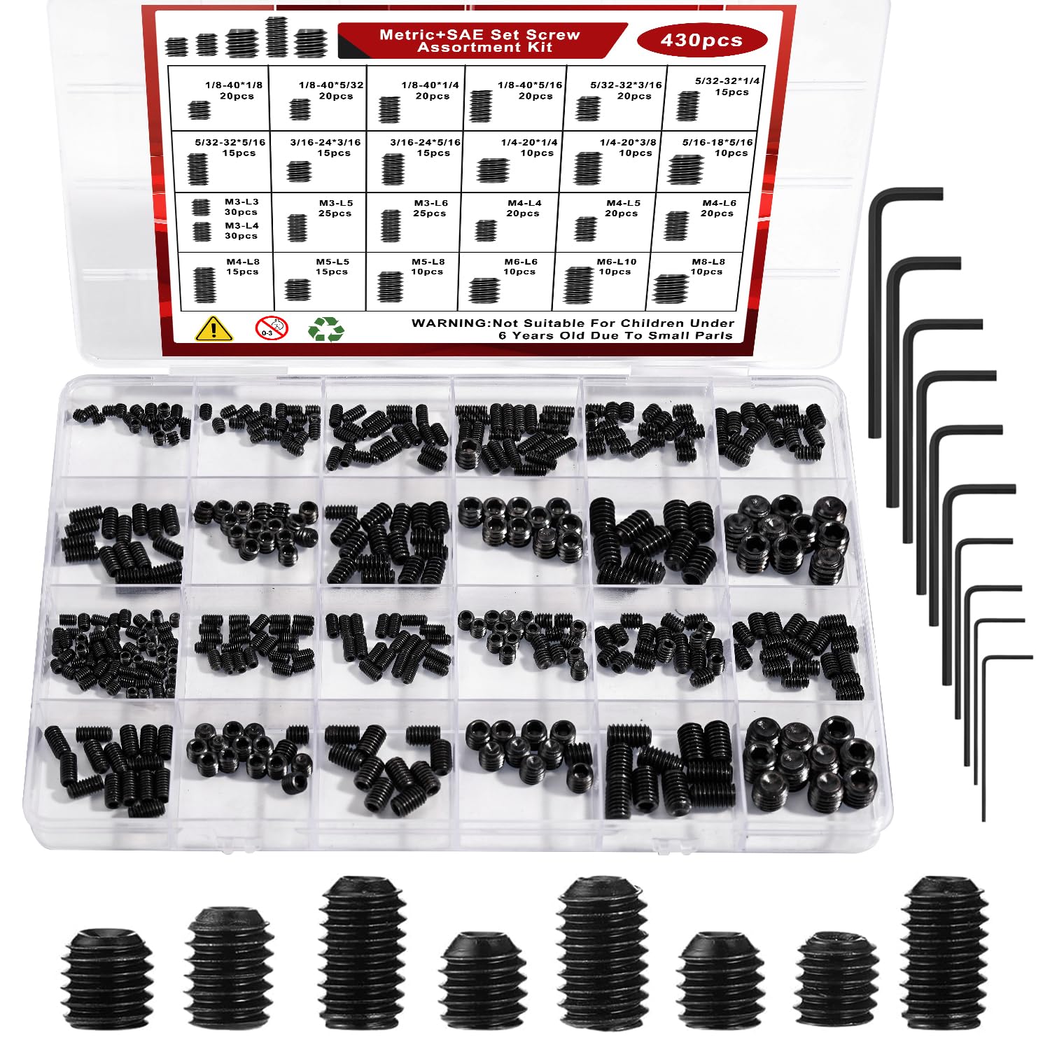 Photo 1 of 430Pcs Set Screws Assortment Kit 25 Sizes Metric & SAE Set Screw 12.9 Class Alloy Steel Internal Hex Drive Cup Point Set Screws for Bathroom Fixtures Door Handles(M3-M8, 1/8"-40 to 5/16"-18)