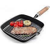 JSY Sun Grill Pan, 8.6 inch Cast Iron Grill Pans for Stove Tops Indoor Outdoor Cooking, Griddle Pan with Pour Spouts, Skillet for Searing Steak, PFOA Free - Naturally Nonstick Surface When Seasoned