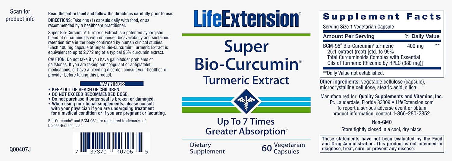 Life Extension Super Bio-Curcumin Turmeric Extract 400mg, 60 Vegetarian Capsules: Health & Personal Care