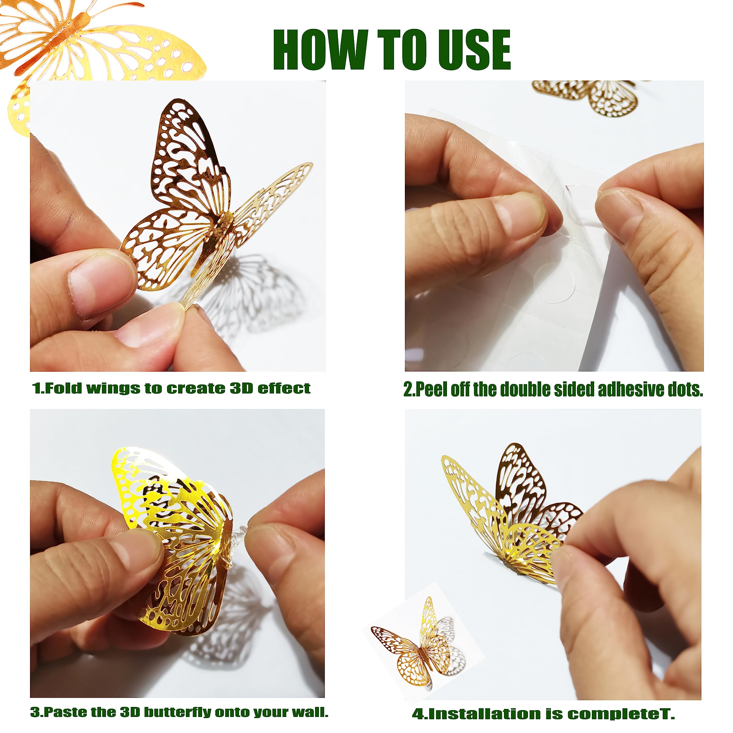 JOSDIOX 3D Butterfly Wall Decor Sticker -48 Pcs, 4 Styles, 3 Sizes Gold Butterflies Decoration for Party, Birthday & Wedding Celebrations, Cake Decorating, Balloons, Removable Stickers.