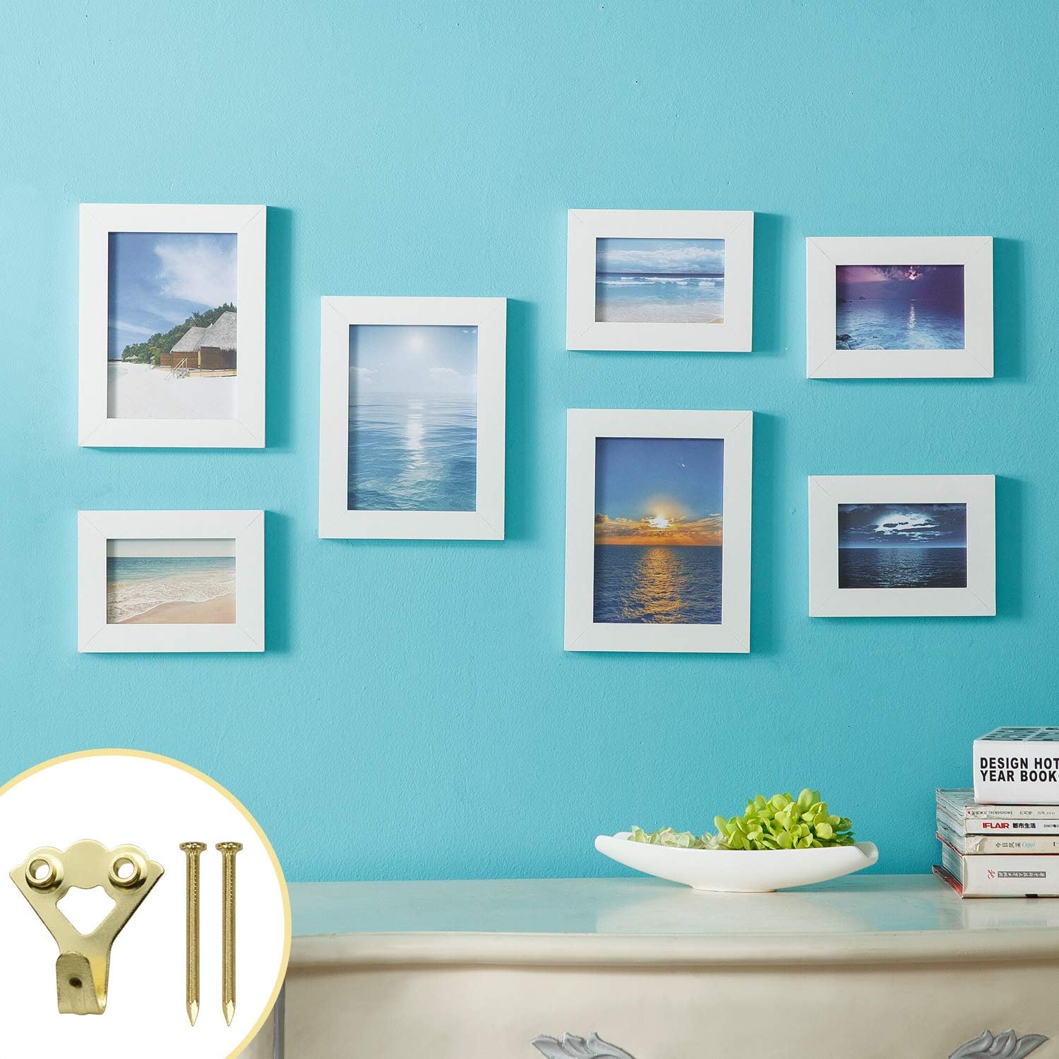 EAONE 20 Pack Picture Hangers(Up to 100 lbs) Strong Photo Frame Hooks, Heavy Duty Picture Hanging Kit with Wall Mounting Nails for Plaster Walls, Golden - - 