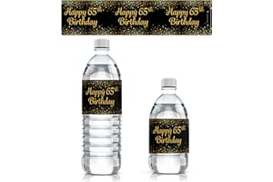 DISTINCTIVS Black and Gold 65th Birthday Party Water Bottle Labels - 24 Stickers