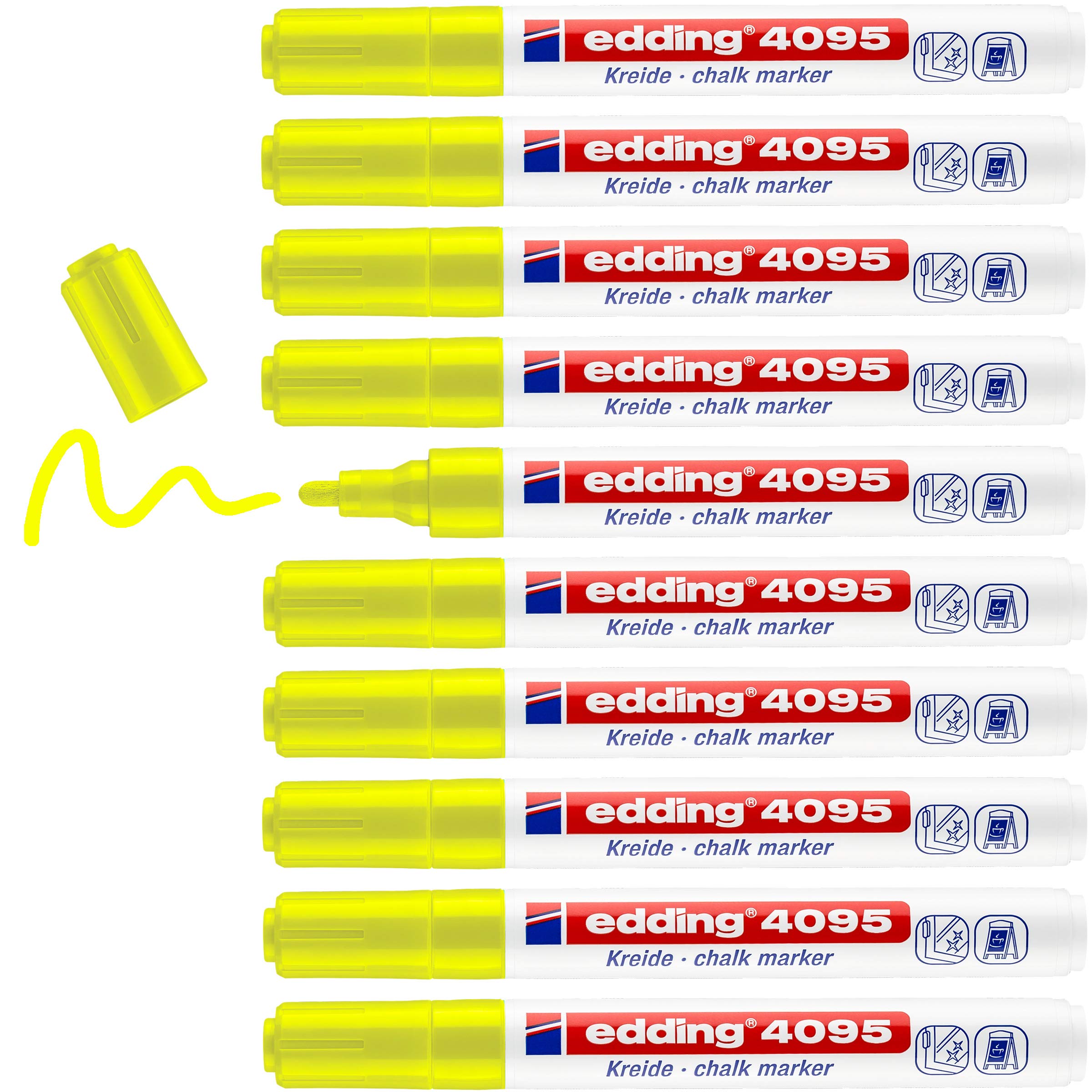 edding 4095 chalk marker - neon-yellow - 10 chalk pens - round tip 2-3 mm - medium-tipped wet wipe pen for chalkboards, windows, glass, mirrors - liquid chalk marker pens for opaque coverage