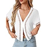 Rooscier Women's Sheer Lace Trim Cap Sleeve Button Up V Neck Casual Blouse Shirt