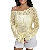 MakeMeChic Women's Crochet Cover Up Asymmetrical Long Sleeve Knit Crop Tops