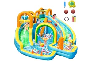 FINCOME Bouncy Castles for Kids, Inflatable Bounce House Castle with 2 Water Slides, Rainbow Door, Water Pool for Outdoor, In