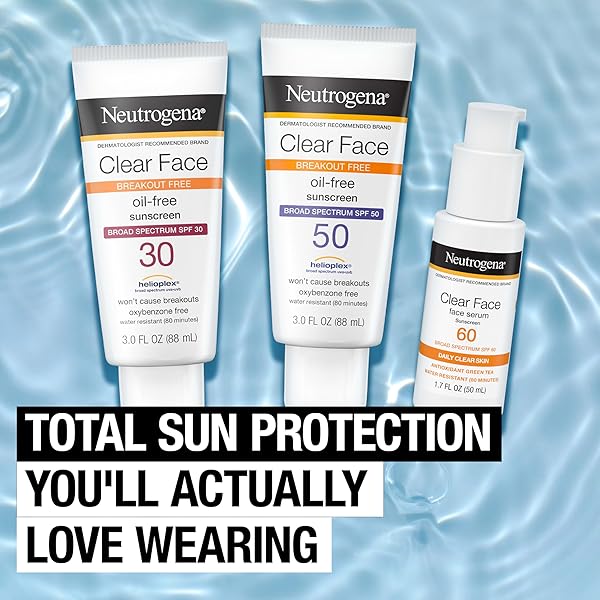 NEUTROGENA CLEAR FACE SUNSCREEN LOTION FOR ACNE-PRONE SKIN, BROAD SPECTRUM SPF 50, SUNSCREEN FOR FACE & OILY SKIN, OIL-,FRAGRANCE- & OXYBENZONE-FREE, WATER RESISTANT, MATTE, UNSCENTED, 3 FL OZ