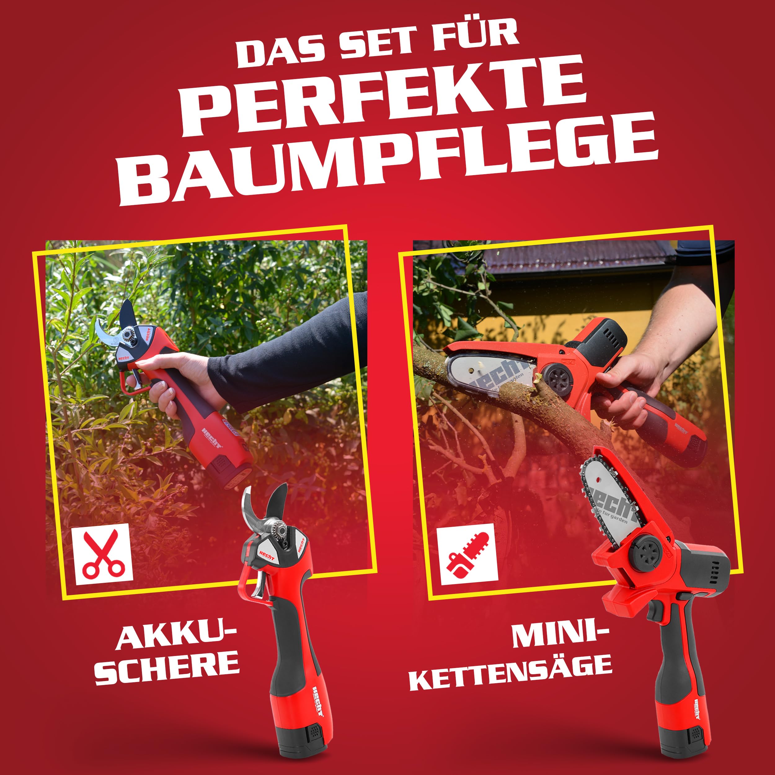 HECHT Akku Astschere 32 mm und Mini Kettensäge 14 cm 2 Akkus 2