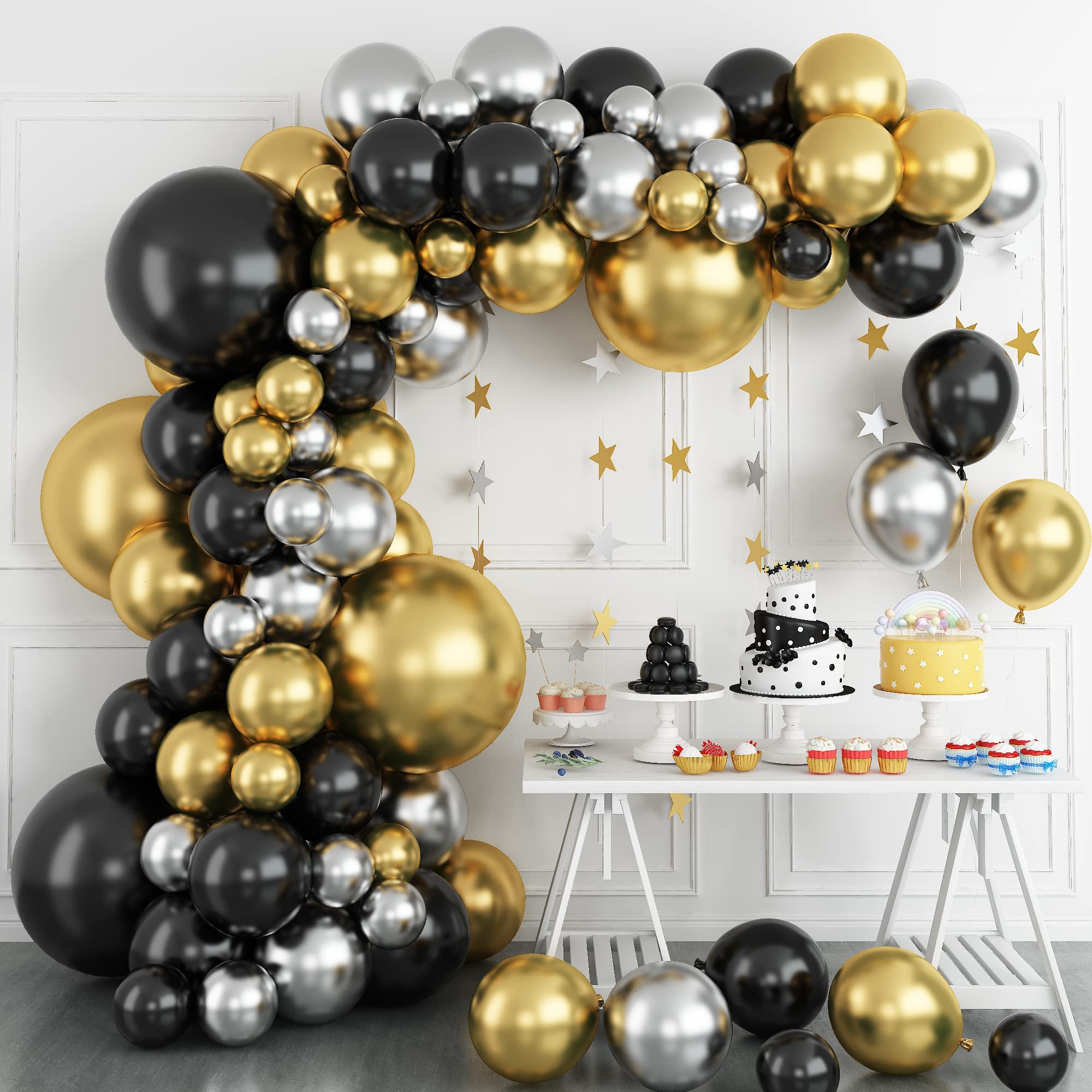 QIFU Black and Gold Balloon Arch Kit - 134pcs Black Gold Silver Birthday Balloons, Balloons Arch Garland Kit for Birthday Party Decorations Men Boy Graduation Retirement Umrah Mubarak Prom New Year
