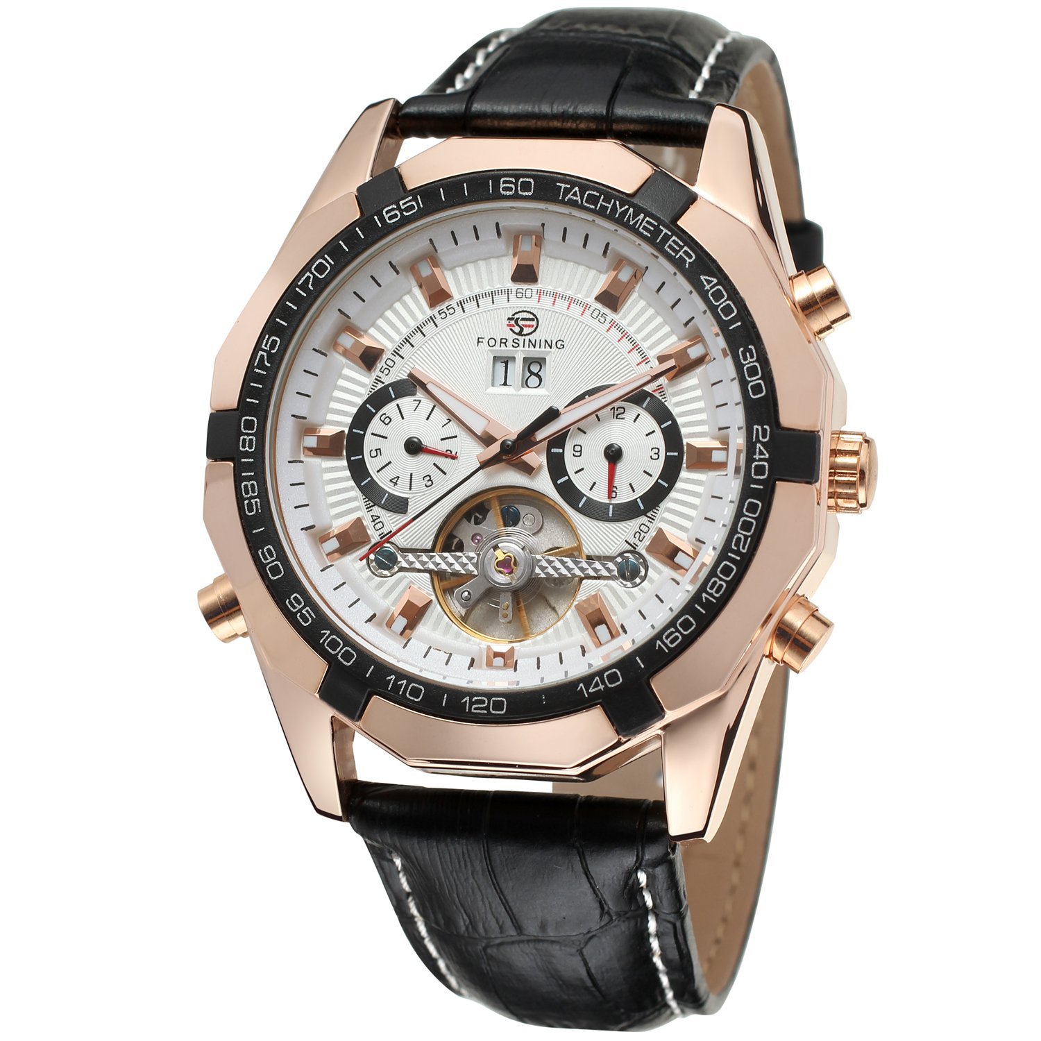 Forsining Men's Classic Automatic Self-Wind Day Calendar Tourbillon Leather Wrist Watch FSG340M3T4