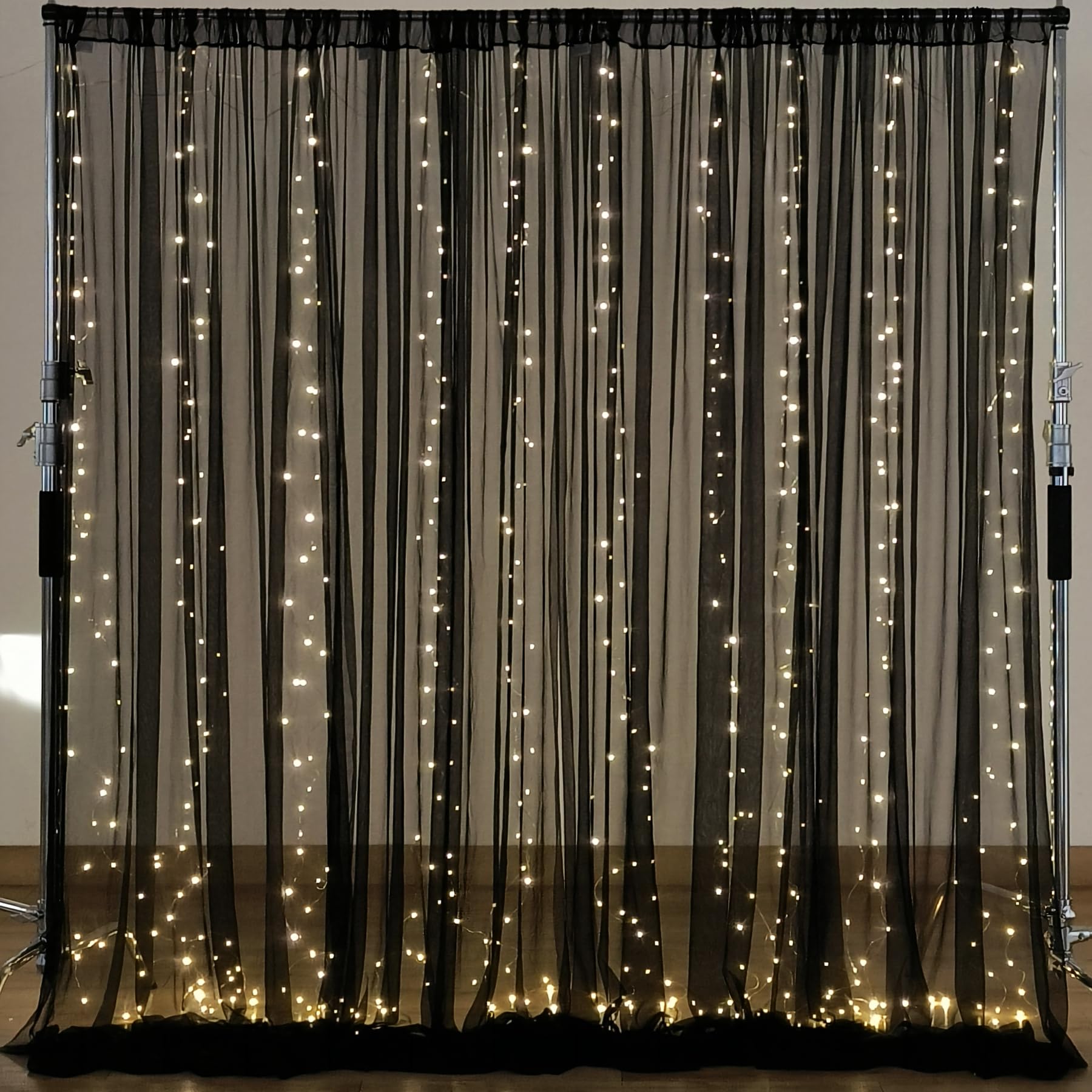 Photo 1 of 10×10ft Black Tulle Backdrop Curtain with Lights String for Parites, Sheer Photo Backdrop Curtains for Wedding Party Photography Background