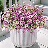 Ammyoo Artificial Fake Plants Flowers for Outdoor Spring Decor, 12 Bundles Faux Silk Mums for Planter Pot Colorful UV Resistant Look Real for Front Door Porch Patio Outside Yard(Purple Pink)