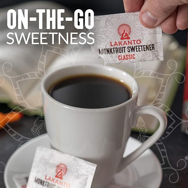 LAKANTO CLASSIC MONK FRUIT SWEETENER WITH ERYTHRITOL SWEETENER PACKETS – WHITE SUGAR REPLACEMENT, ZERO NET CARBS, CALORIES, SWEETEN ON THE GO, COFFEE, LEMONADE, TEA, DESSERTS – CLASSIC (3G – 30 COUNT)