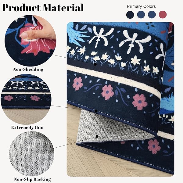 VOWKTEN AREA RUGS 8X10 FOR LIVING ROOM CLEARANCE WASHABLE VINTAGE FLORAL BOTANICAL RUG NON SLIP LOW PILE LARGE RUG FOR BEDROOM, FARMHOUSE, DINING ROOM, KIDS PLAYROOM, BLUE