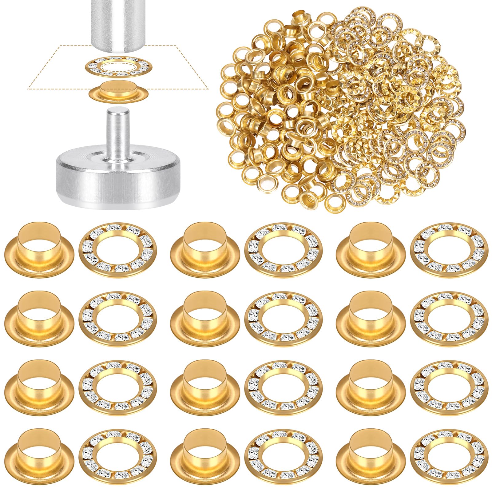 Glarks 100pcs 6mm Grommets Kit with White Diamond Washers Set, Golden Color Brass Grommets Eyelets, Fabric Leather Hole Eyelets Grommets for Belt, Shoes, Clothes, Canvas, Leather Repair
