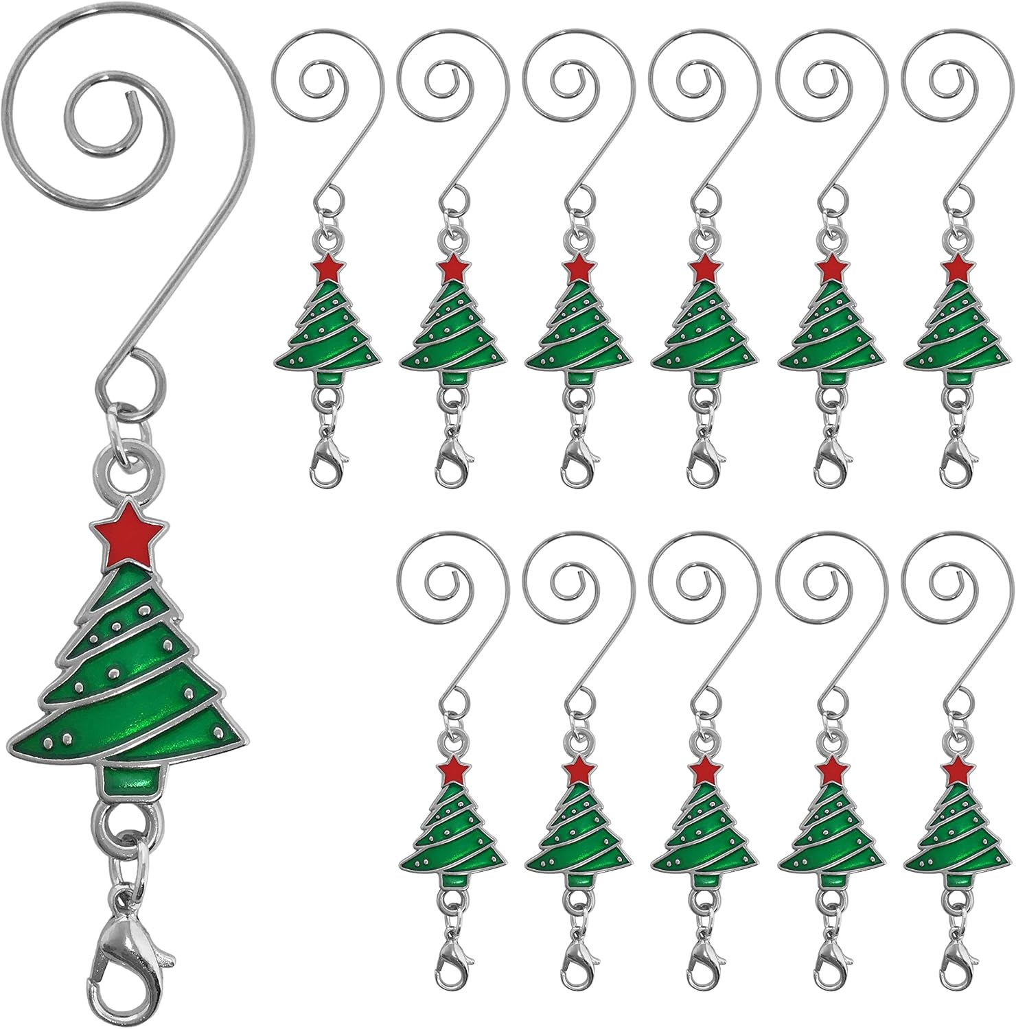 Ornament Hooks - BANBERRY DESIGNS Christmas Tree Ornament Hook with S-Hook and Lobster Claw - Green enameled Christmas Tree with Red Star - Xmas Accessories & Accents for Hanging Ornaments