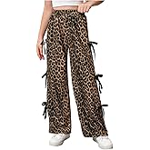 COZYEASE Girl's Leopard Bowknot Y2K Pants Wide Leg Elastic Waist Baggy Trousers with Pockets