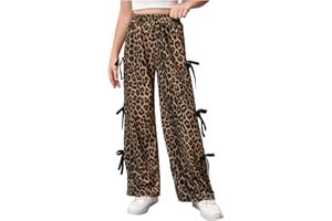 COZYEASE Girl's Leopard Bowknot Y2K Pants Wide Leg Elastic Waist Baggy Trousers with Pockets