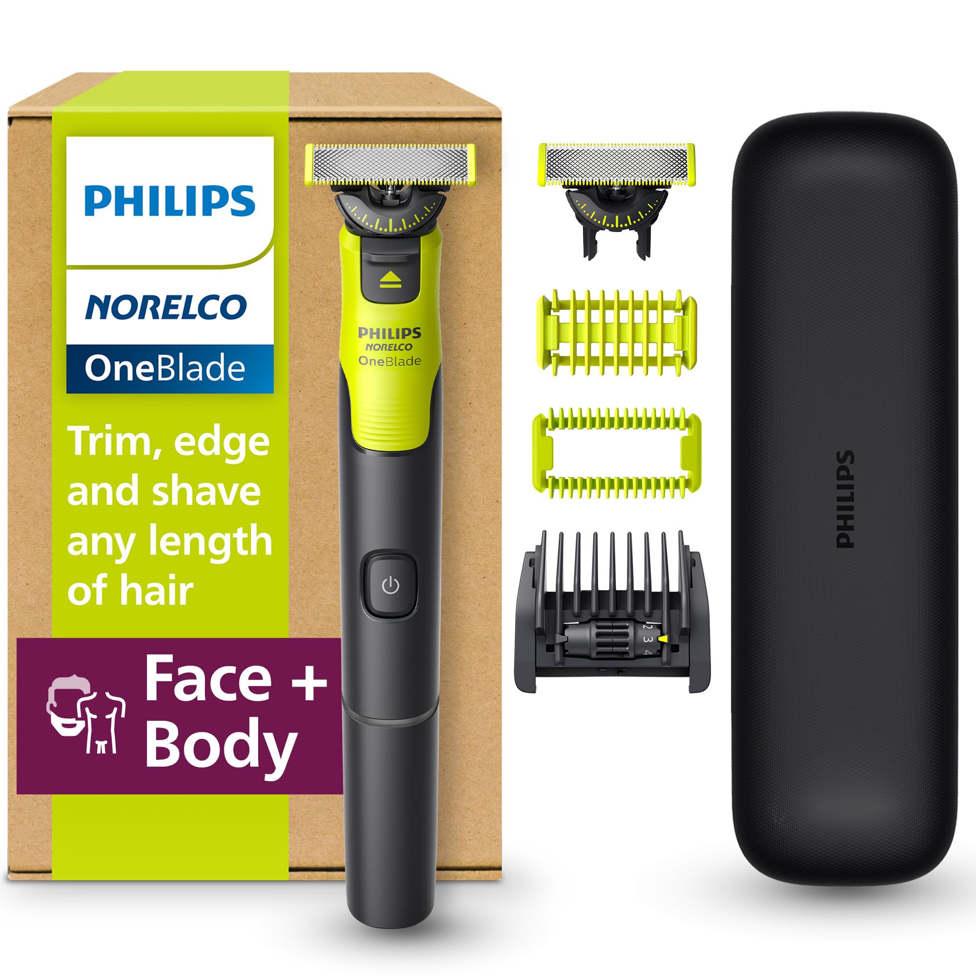 Philips Norelco OneBlade 360 with Connectivity Hybrid Face + Body, Electric Beard Trimmer, Shaver and Body Groomer with 360 Blade Tech, 2x360 Blade, 5-in-1 Comb, Body Kit, Travel Case, Model QP4631/90
