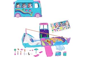 Polly Pocket Micro Dolls and Transforming Camper Van Vehicle, Accessories Include Pets and Toy Car, Pet Mobile Adventure Playset