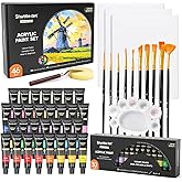 Shuttle Art 46 Pack Acrylic Paint Set, 30 Colors Acrylic Paint with 10 Brushes 3 Canvas 1 Knife Palette Sponge, Complete Painting Set for Kids, Adults, Beginners, Painting Wood, Ceramic