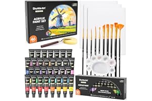 Shuttle Art 46 Pack Acrylic Paint Set, 30 Colors Acrylic Paint with 10 Paint Brushes 3 Painting Canvas 1 Paint Knife Palette 