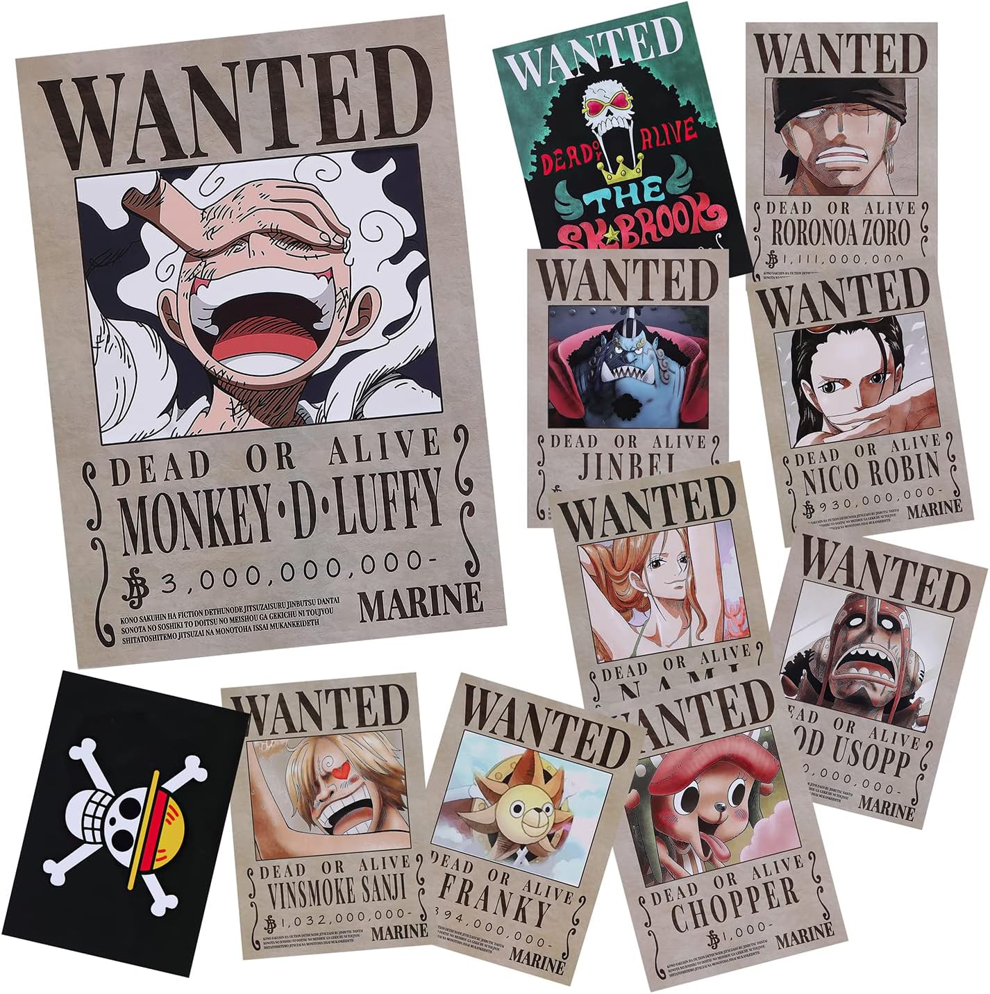 Wall Décor - CNMLGB 11 PCS Anime Nika Luffy 3 billion Wanted Bounty Paper Poster Straw Hat Pirates Crew Zoro Sanji Nami Usopp Chopper Robin Franky Brook Jinbei (11×8 in)