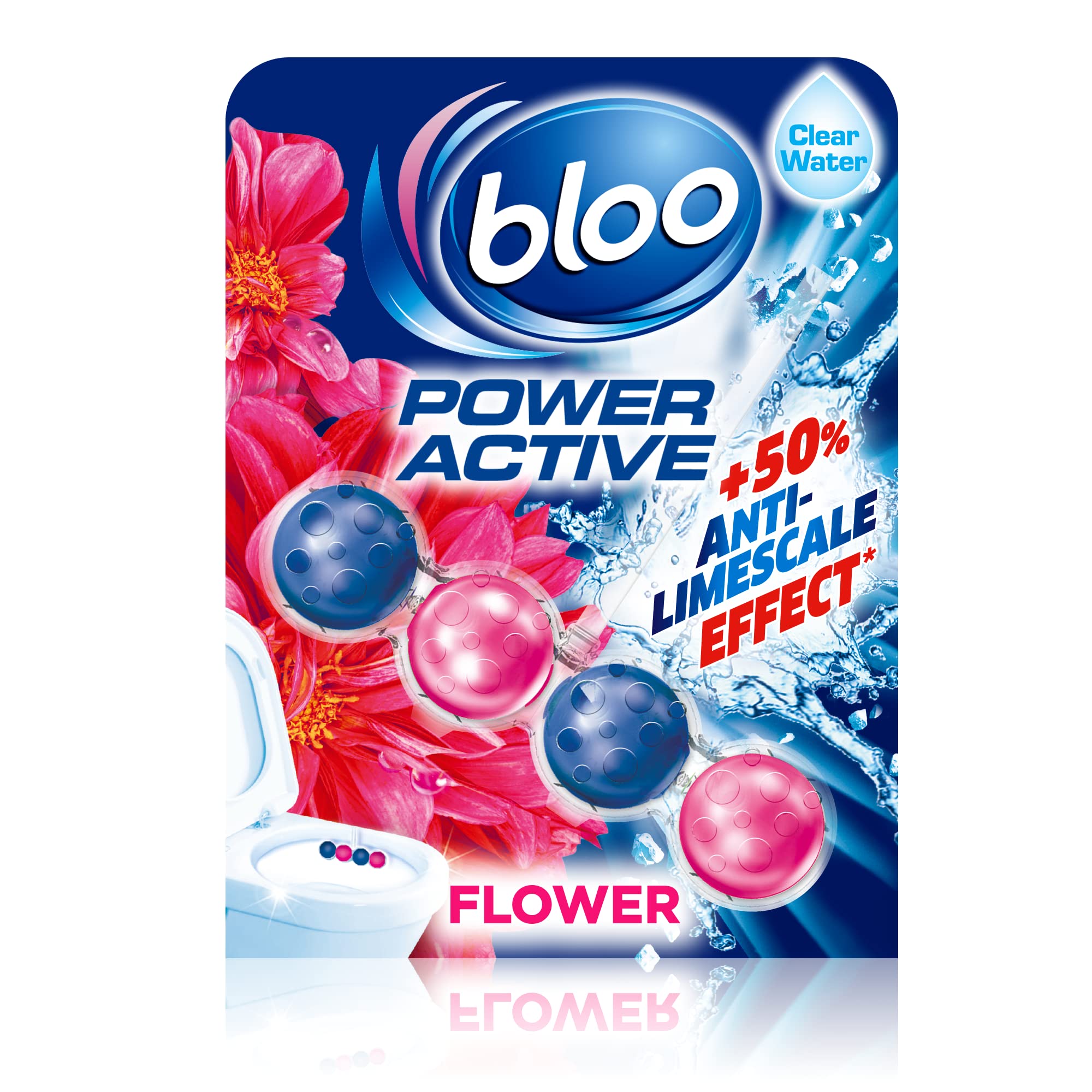 Bloo Power Active Toilet Rim Block Fresh Flowers, with Anti-Limescale, Cleaning Foam, Dirt Protection and Extra Freshness - Single Pack of Rimblocks