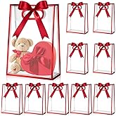 Aliceset 12 Pcs Clear Plastic Gift Bag with Die Cut Handles Reusable PP Favor Bag with Ribbon for Valentine Wedding Bridal Birthday Baby Shower Party Small Business, 7x10x3.15 Inch(Red)