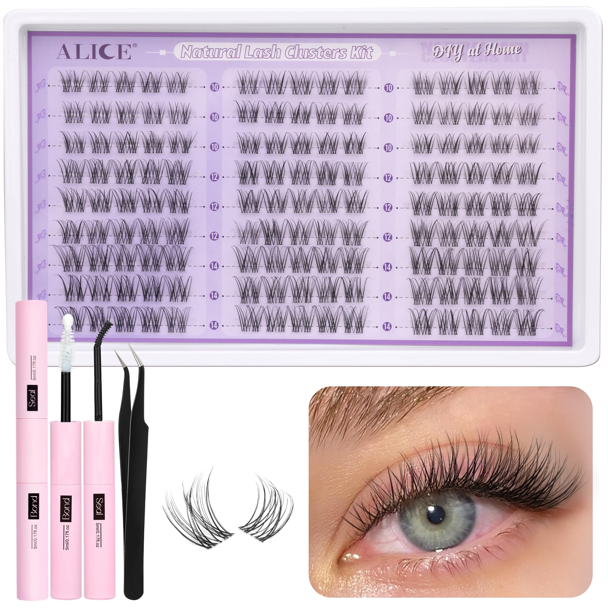 ALICE Eyelashes Individual Kit Natural Cluster Lashes Kit Clear Band Wispy Lash Extension Kit Cluster Eyelash Extension Kit with 135pcs C Curl 10-14mm Eyelash Clusters Bond and Seal DIY at Home