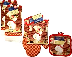 Home Collection Red Chef Linen Set 6 Piece Bundle - 2 Oven Mitts, 2 Pot Holders, and 2 Dish Towels