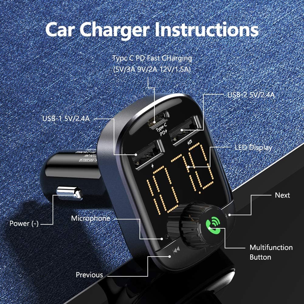 Bluetooth FM Transmitter - RAXFLY Bluetooth Car Adapter Transmitter FM Audio Receiver Dual USB PD Type C Car Charger Support TF Card and U-Disk Compatible for iPhone 11 Samsung S20 All Smartphones: MP3 Players & Accessories