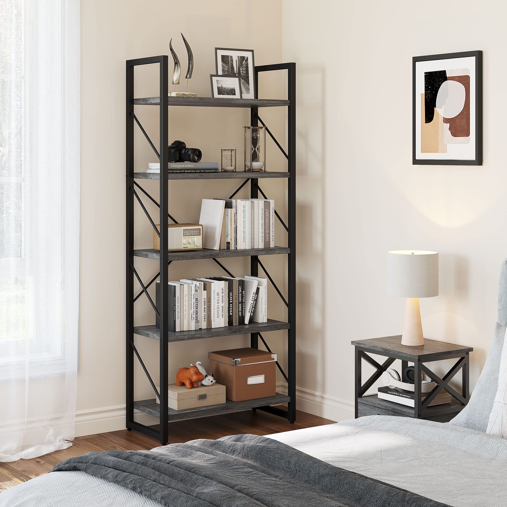 YITAHOME 5 Tiers Bookshelf, Industrial Artsy Grey