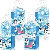 TecUnite 16 Pcs Penguins Party Decoration Penguins Goodie Bags Winter Party Favor Blue Treat Gift Bags with Handles for Birthday Holiday Supplies
