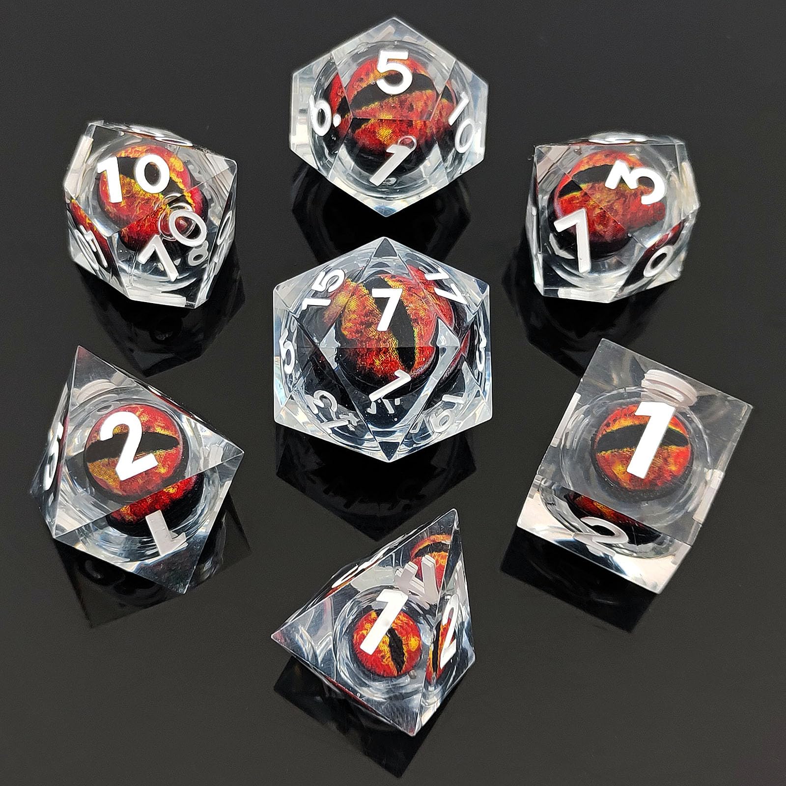 ORUZA 7 PCS Dragon Eye DND Dice Liquid Core D&D Dice Resin Sharp Edge Polyhedral D&D Dice Set for Dungeons and Dragons Role Playing Die D20 D12 D10 D8 D6 D4 D%