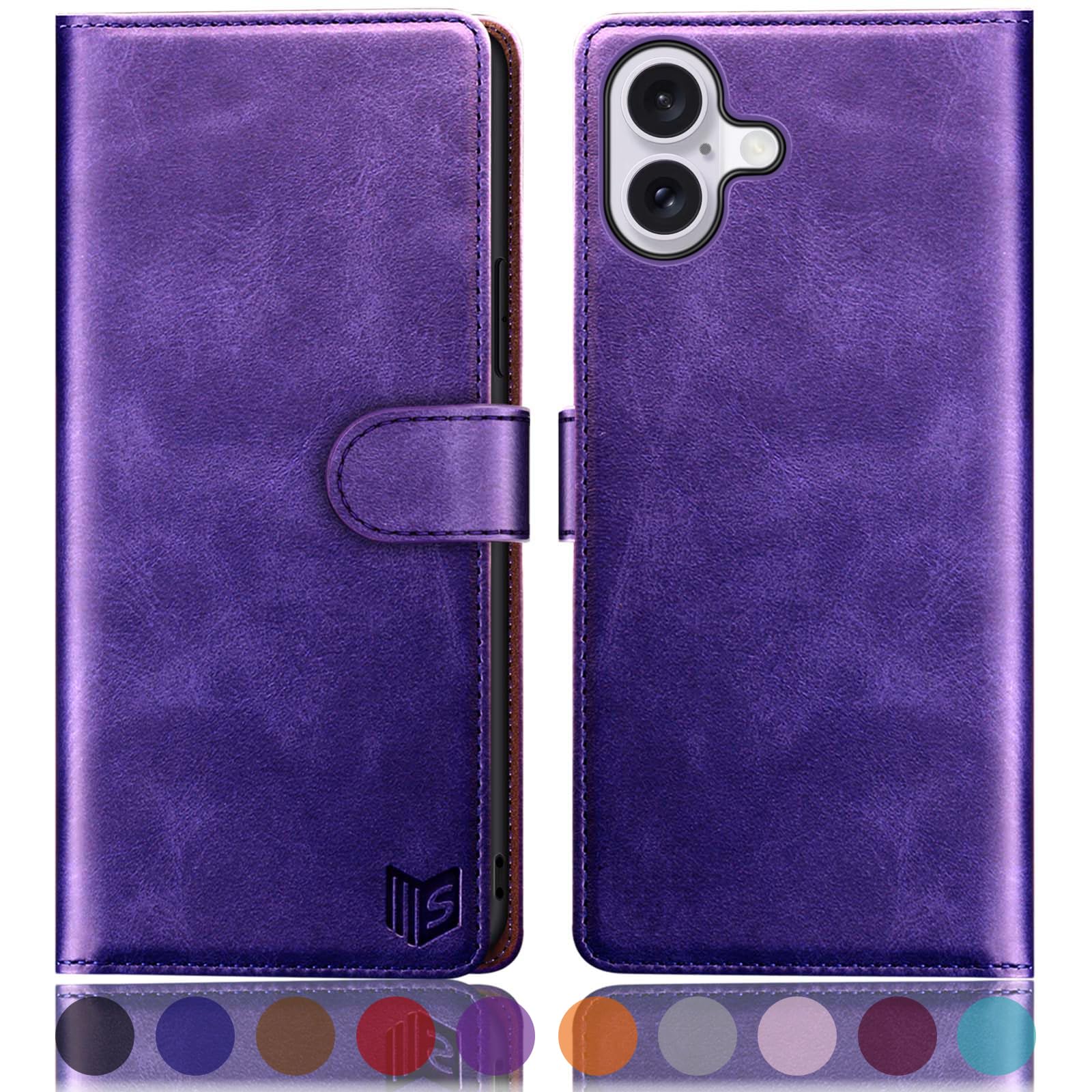 SUANPOT compatible with iPhone 16 6.1" case with [Credit Card Holder][RFID Blocking],PU Leather Flip Book Protective Cover Women Men for Apple 16 Phone case Purple
