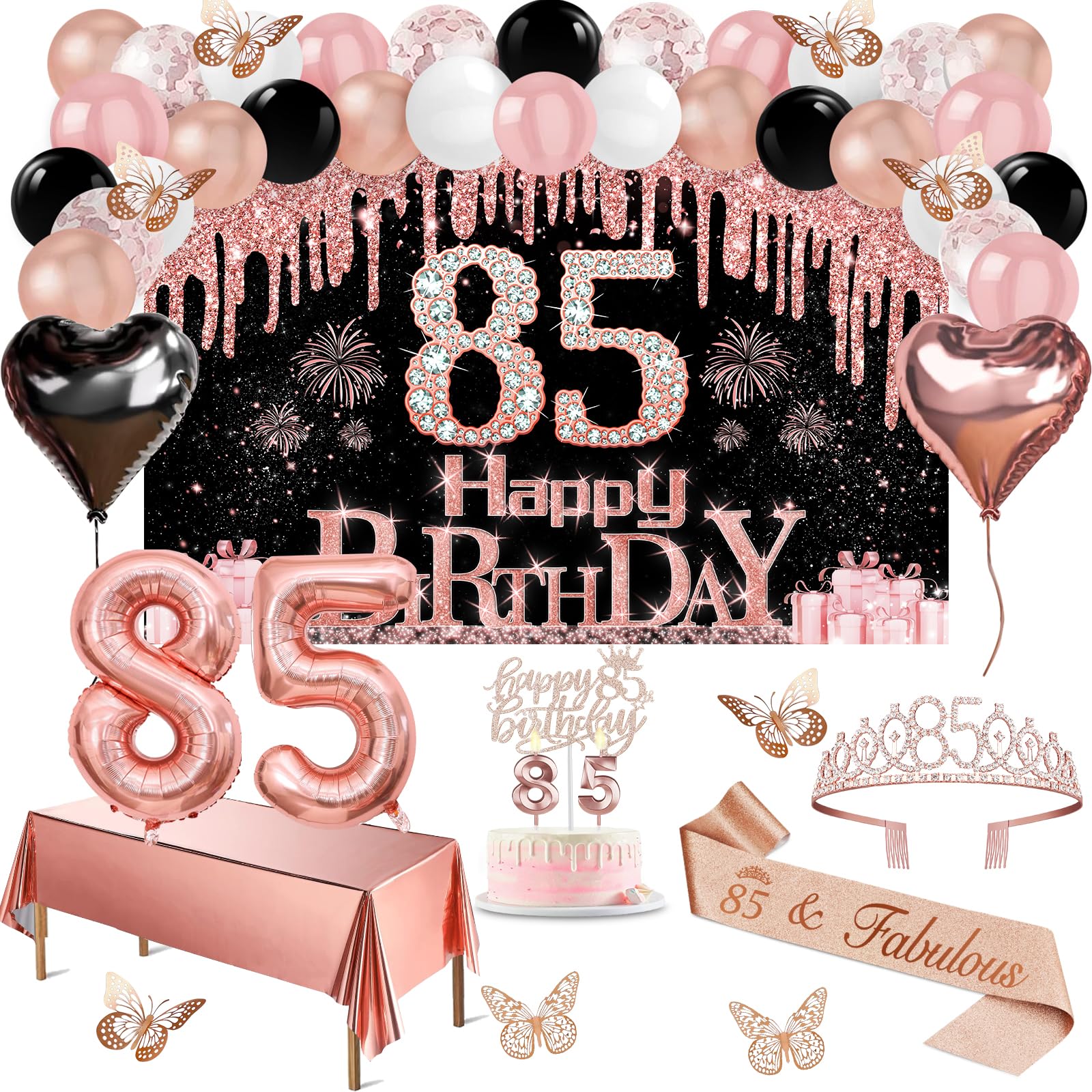 Photo 1 of 85th Birthday Decorations for Women, 49pcs Black Rose Gold Black Happy 85th Birthday Banner, Tablecloth, Butterfly Decor, Sash and Tiara, Cake Topper, Candles, Balloons Arch