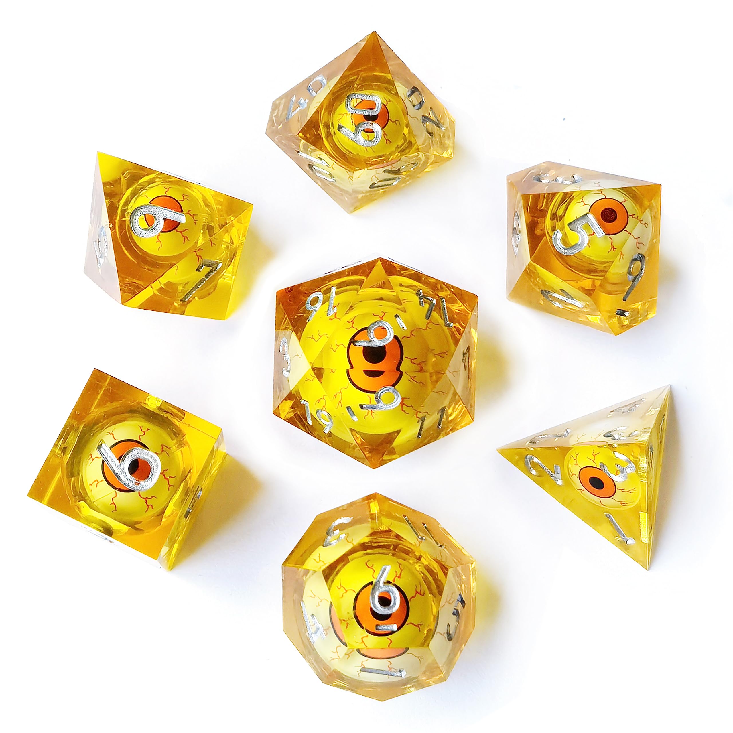 BESCON Sharp Edged Liquid Core Rolling Eyeball Polyhedral Dice Set - Razor Edge Polyhedral Dice with Rolling Eyeball Inside (7pcs Amber RPG Dice Set with Orange Eye)